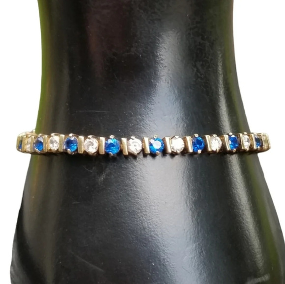 VINTAGE GOLD OVER STERLING SILVER BLUE SAPPHIRE & CZ TENNIS BRACELET - Picture 1 of 7
